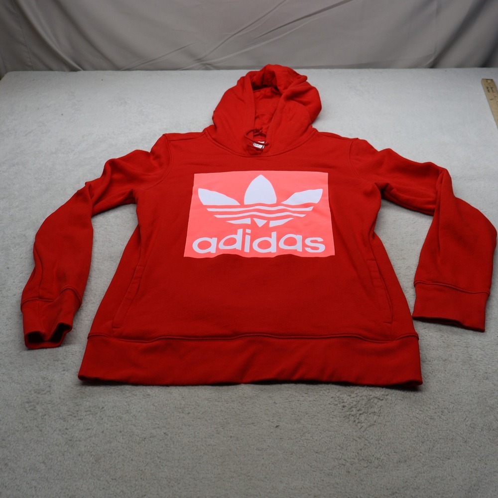 Adidas Hoodie Womens Small Red Trefoil Fleece Pullover Athletic Sweatshirt